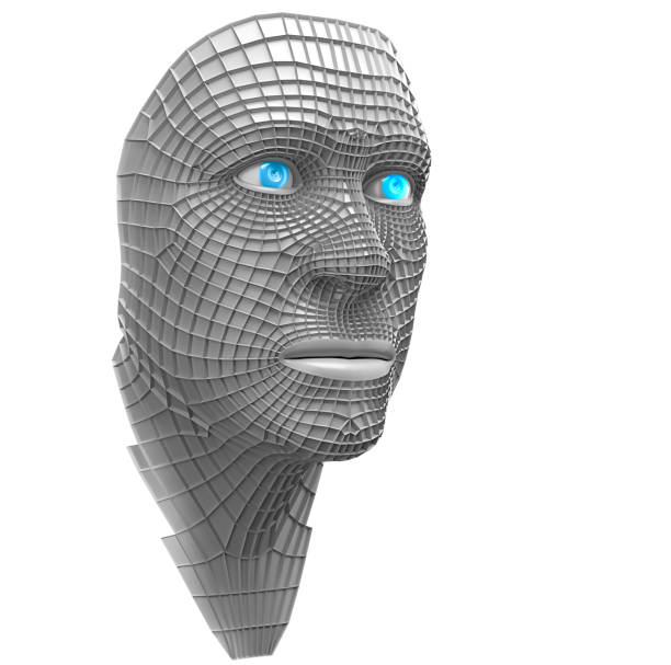Abstract futuristic wireframe 3D illustration of a humanoid robot man blue face. Artificial intelligence concept human form. Human form 3d grid isolated.
