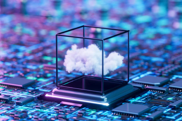 Cloud computing and cyber security with mother board background stock photo