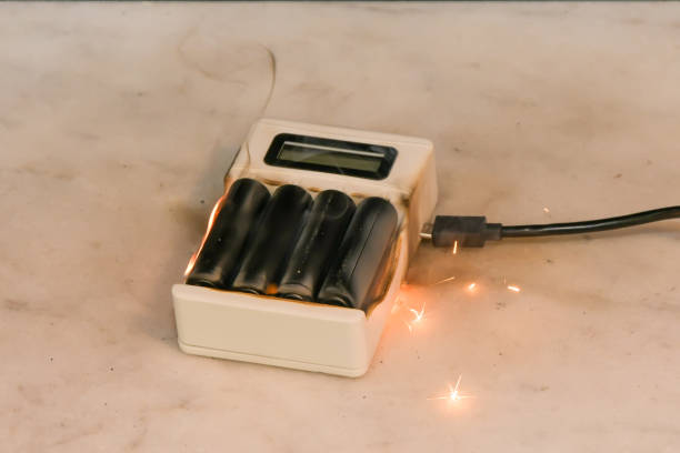 istock A battery charger is engulfed in flames, highlighting the danger that electronic devices pose when they fail or overheat in residential areas. 2179710141