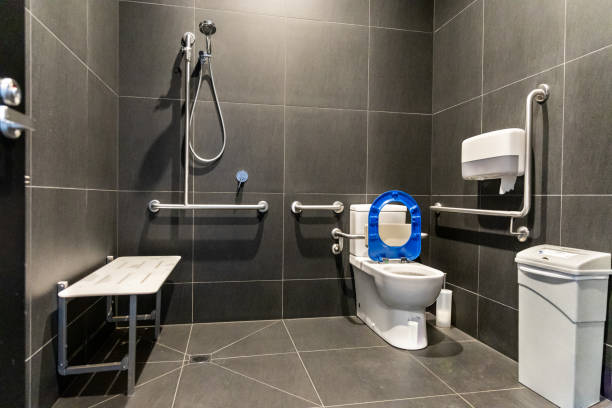 istock Disability friendly generic restroom sanitary with hand rails and bars, bench for users with disability. 2179712680