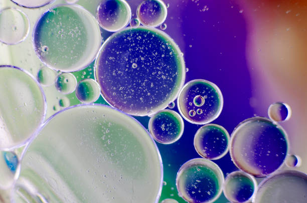 Extreme close up of oil bubbles on water surface with soft maroon white gradient background. Suitable for design and wallpaper.