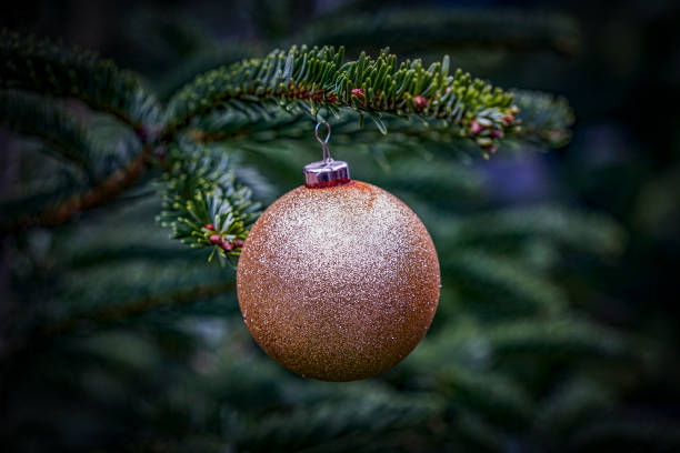 istock Festive Christmas. Single glittering Christmas tree bauble on a Christmas tree 2179727920