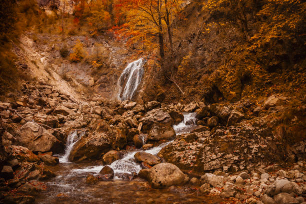 Breathtaking view of a waterfall cascading over rocks surrounded by colorful autumn trees, capturing the serene beauty and tranquility of nature in the fall season.