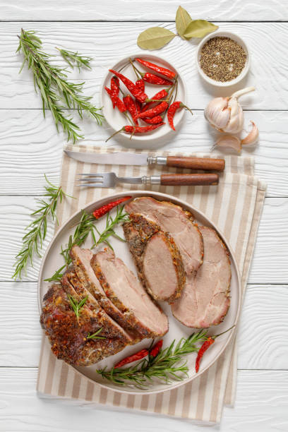 istock Roast Pork Neck sliced on a plate, top view 2179734715