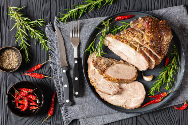 istock Roast Pork Neck sliced on a plate, top view 2179734724