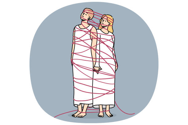 Two sad women tied with rope hold hands demonstrating personal affection and shared problems Two sad women tied with rope hold hands demonstrating personal affection and shared problems. Concept of affection between people causing general depression and lack of strength to fight ropes tied together stock illustrations