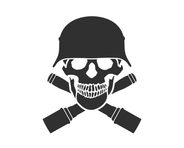ilustraciones, imágenes clip art, dibujos animados e iconos de stock de cabeza de calavera con el símbolo del icono del casco alemán antiguo de la 2ª guerra mundial. cartel cruzado con el logotipo de la granada alemana de la 2ª guerra mundial. imagen de ilustración vectorial. - casco militar