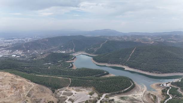 istock Aerial lake view in overcast weather covered by pine tree forest. 2179739227