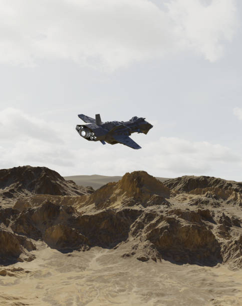istock Spaceship Flying Over the Mountains of a Desert Planet 2179740906