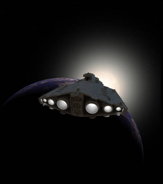 Science fiction illustration of a Light Spaceship Battle Cruiser travelling over a blue alien planet towards the Sunrise, 3d digitally rendered illustration