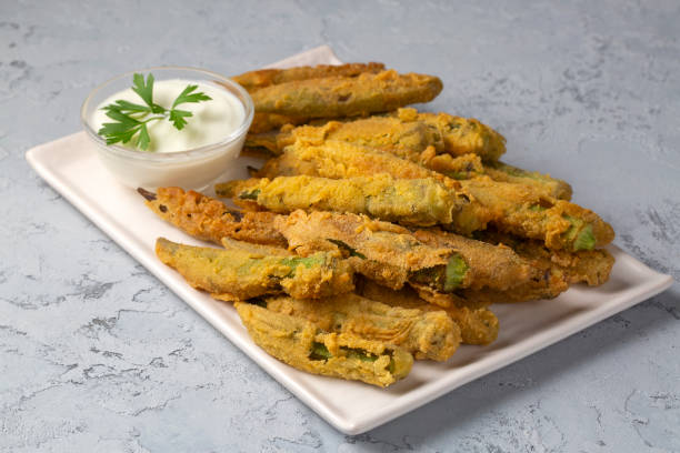 istock Fried Okra Tempura with Yogurt - Yoghurt Sauce. Healthy Snacks. 2179741006