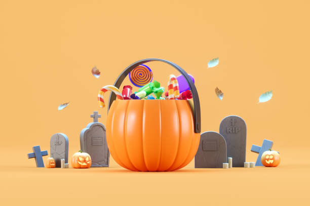 istock Halloween scene featuring a pumpkin basket filled with candy, surrounded by gravestones and pumpkins on an orange background. 3D rendering 2179742549