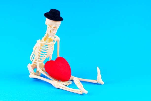 istock Skeleton with Hat Holding Red Heart on Blue Background 2179746208