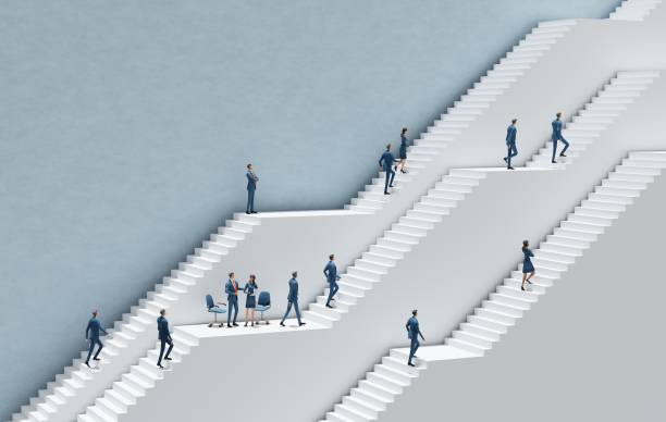 Business people walking up on massive white stairs. Abstract environment representing career, success in business, start up, professional perspectives. 3D rendering