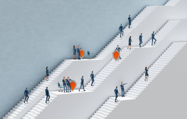istock Data Security concept, Business people with shields in an environment with white stairs representing career, business, start up, professional perspectives. 3D rendering illustration 2179752189