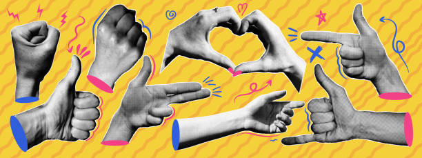 istock Collection of halftone hands with doodle elements. Gesture signs. Set of collage elements. 2179755858