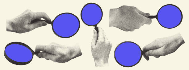 istock Monochrome photocopy retro design with hands holding magnifying glass. Vintage halftone stipple effect. Y2k collage design. 2179756965