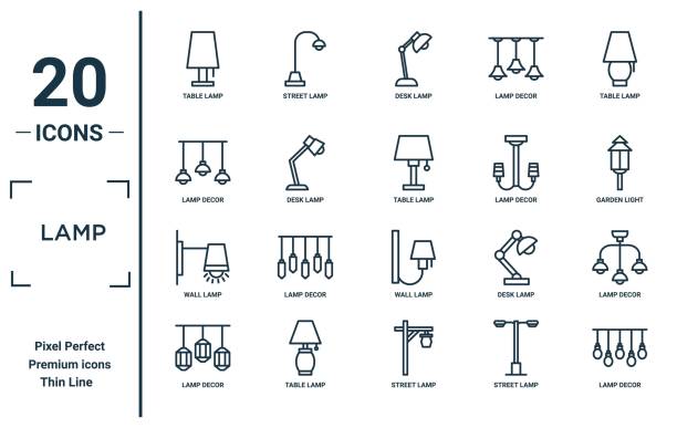illustrazioni stock, clip art, cartoni animati e icone di tendenza di set di icone lineari della lampada. include lampada da tavolo thin line, decorazione lampada, decorazione murale, decorazione, icone tavolo per rapporto, presentazione, diagramma, web design - lampada anglepoise