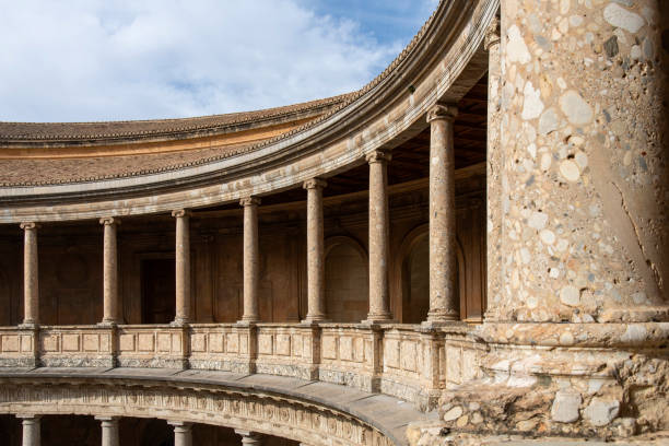 Granada, Spain-February 7, 2024; Gallery with doric columns of the Palace of Charles V inside the Alhambra palace and now the Alhambra Museum and Fine Arts Museum of Granada