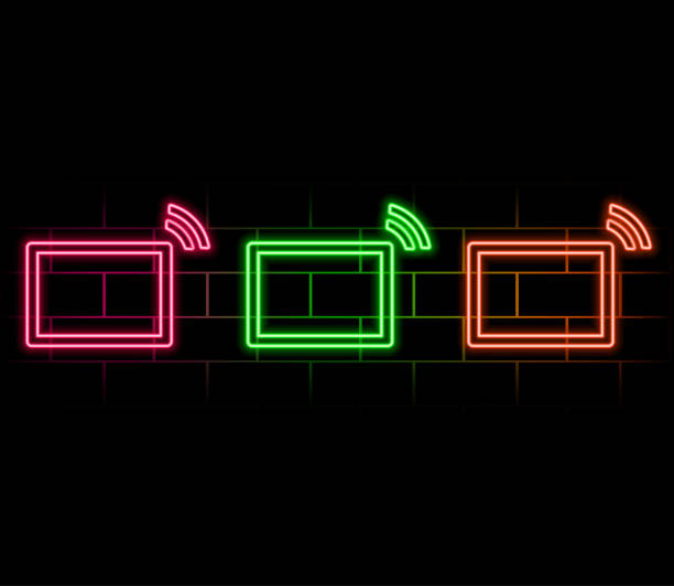 istock Neon tablet icon. Glowing neon tablet sign, set of isolated device in different vivid colors. Bright icon, sign, symbol for UI design. Mobile device and gadget. Vector illustration.pink 2179767027