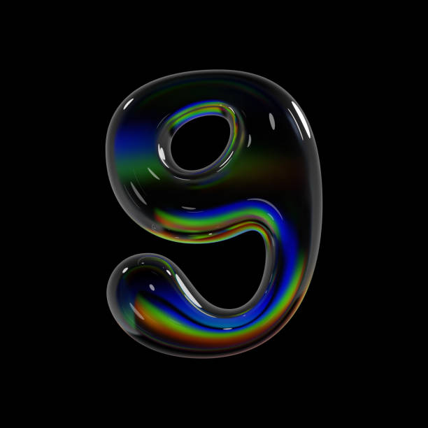istock 3d holographic glass number 9 in balloon bubble shape with rainbow dispersion effect for Y2K typography and modern font design 2179767219