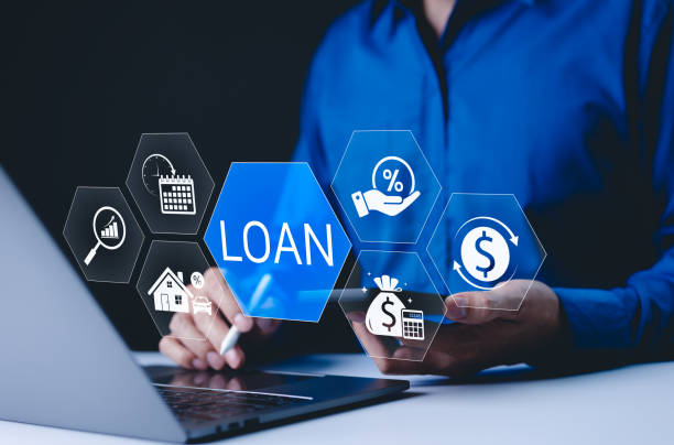 concepto de préstamo y préstamo de efectivo para compra de activos. interfaz digital con iconos financieros y de préstamos, préstamos, tipos de interés, compras de activos y gestión financiera para particulares o empresas - hipoteca fotografías e imágenes de stock