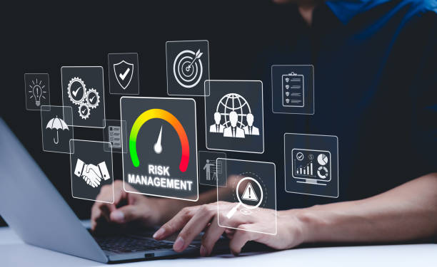 istock Corporate risk management strategy concept. A businessman is analyzing a virtual risk management interface with critical strategy icons on a laptop screen. Analyze risk assessment, analysis financial, 2179769257