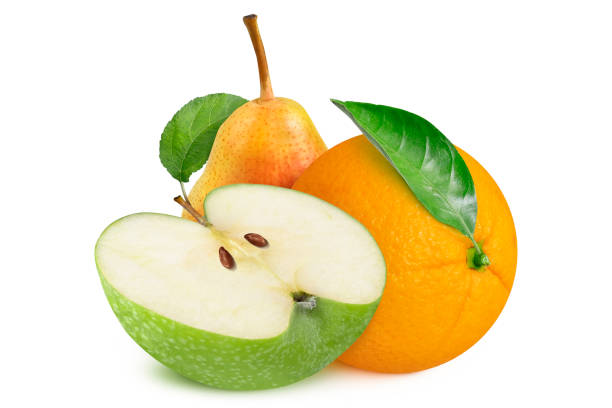 istock Red-orange pear with leaf, green apple and orange with leaf on isolated white background. 2179769694