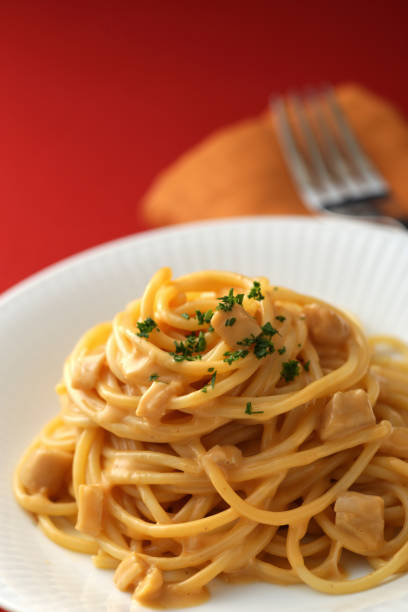 Various types of restaurant pasta with cream sauce