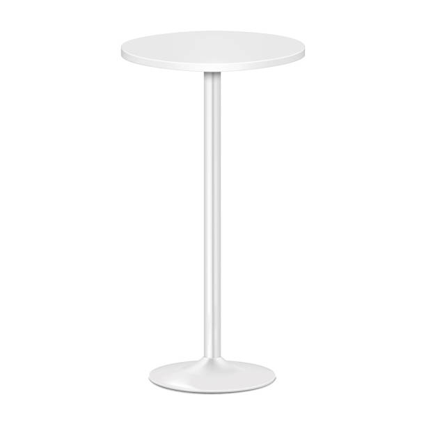 stockillustraties, clipart, cartoons en iconen met white blank round countertop bar table on single metal leg. realistic 3d vector mockup. high pedestal chrome base circular counter desk. mock-up - tafel
