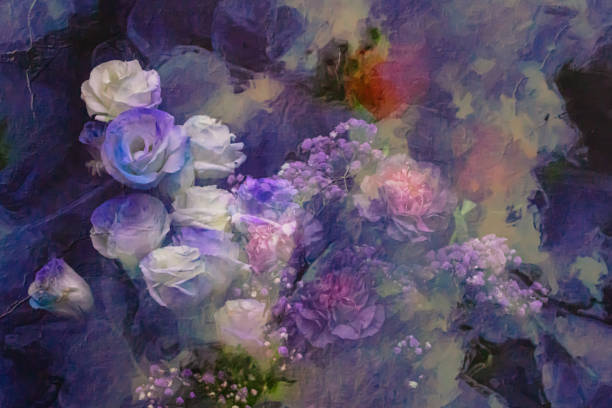 This ethereal photo presents a soft, dreamlike bouquet of roses and delicate flowers, bathed in shades of lavender, pink, and blue. The colors blend harmoniously, creating a painterly effect that makes the flowers appear as though they are drifting in a tranquil, otherworldly garden. Gentle light and subtle shadows enhance the depth and texture, transforming the composition into a serene visual symphony of floral beauty.