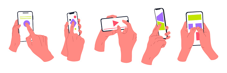 Tapping Phones Animation Mobile Phones Users Cartoon Hands Holding Smartphone Fingers Scrolling ...