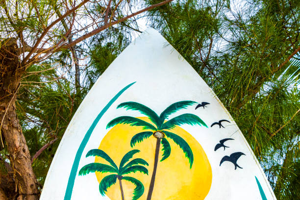 Surfboard sign welcome sign to Xcalacoco in Playa del Carmen Quintana Roo Mexico.