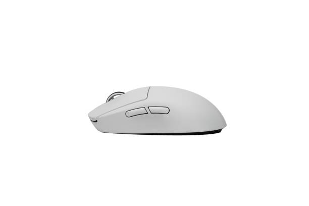 istock Side view of white wireless gaming mouse on white background. model, mock up 2179779310
