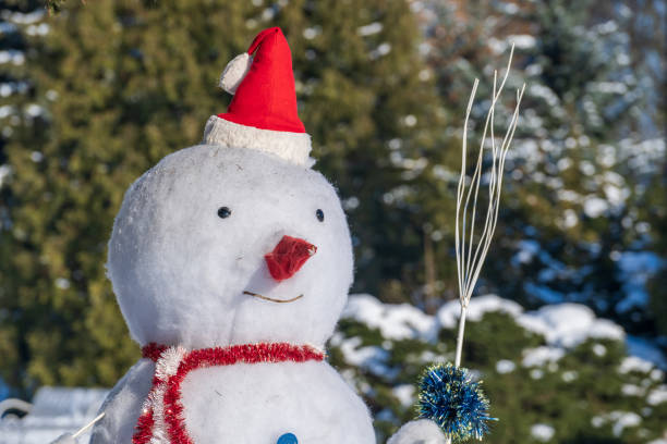 istock Funny snowman in red hat outdoors, close up portrait 2179782451
