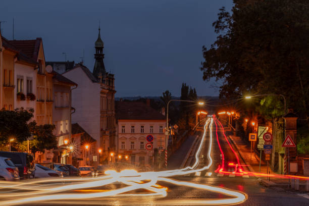 Night view for streets and square in cloudy evening in Roudnice nad Labem CZ 10 04 2024