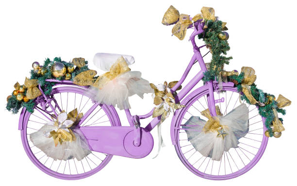 istock Old cute painted bicycle with Christmas decorations and flowers isolated on white for easy selection - Fashion Cut Out concept 2179794987