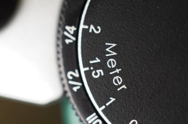 Close-up of a camera lens focus ring with distance markings in meters.
