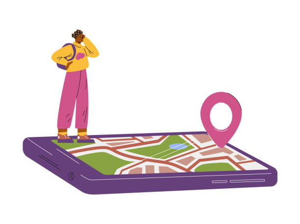 istock Traveler stands on a large phone with a map and a location sign. 2179798743