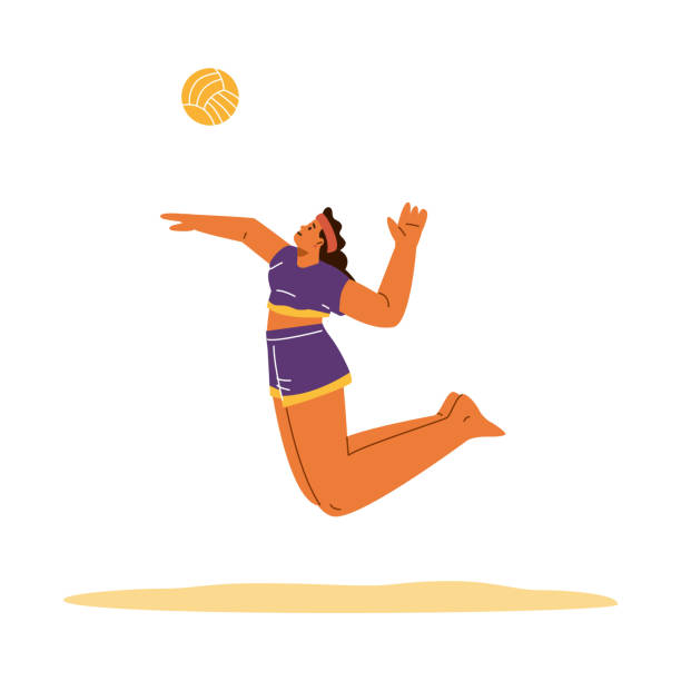 istock Beach volleyball player girl hits a ball while jumping on the sand, vector summer beach sport game and leisure activity 2179799654