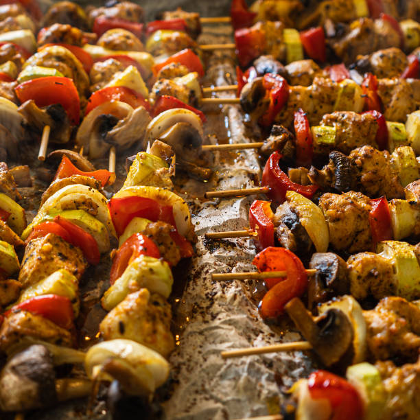 istock Fresh and delicious grilled chicken skewers 2179807369