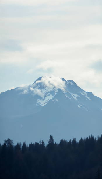 istock Snow-Capped Mountain Peak Shrouded in Clouds with Pine Forest Silhouette 2179808760