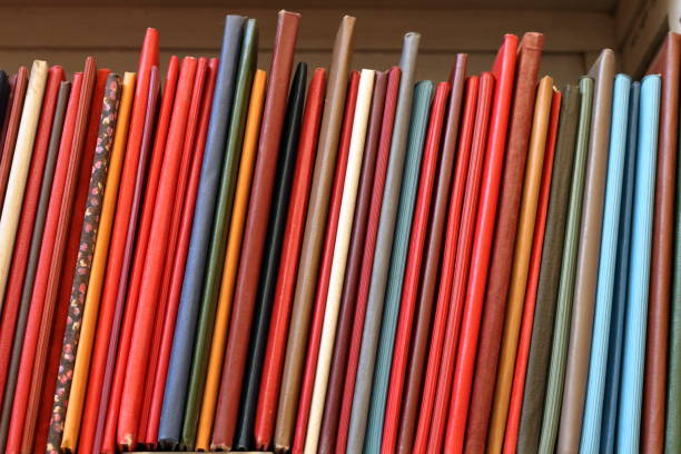 Row of magazines of different colors standing on a shelf
