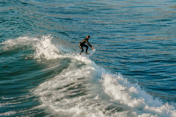 Pismo Beach, California, USA - November 1, 2023. A surfer rides the ocean wave at sunny day