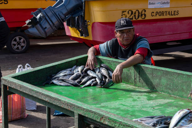 Valparaiso, Chile-April 13, 2024; Close up of a fishmonger at the fish market of the city selling his raw fresh caught fish from a wooden table