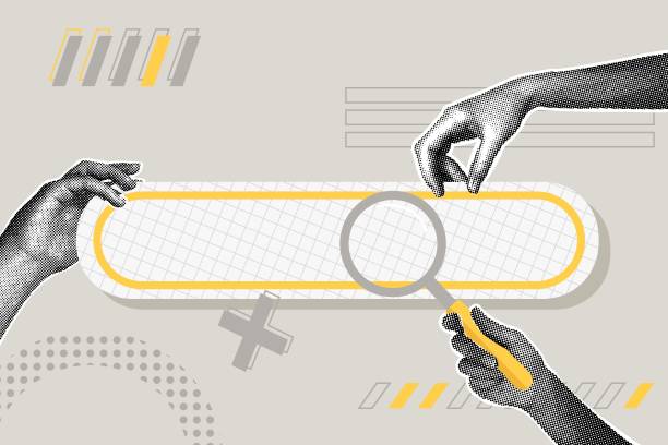 Modern halftone collage. The concept of finding information on the internet. Trendy halftone hand with magnifying glass and search bar.Vector illustration