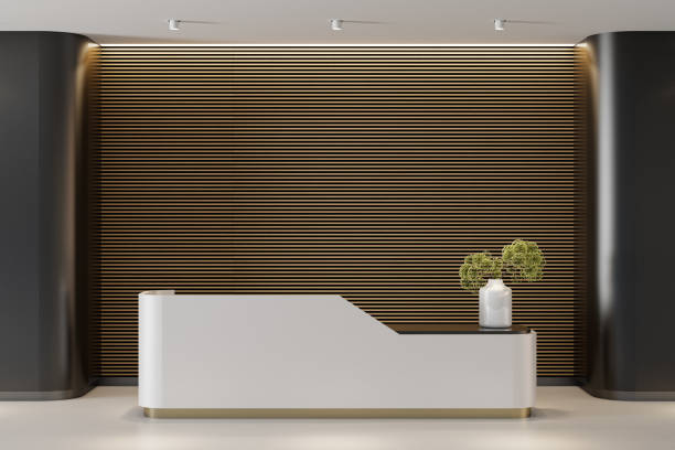 istock Modern Office Reception lobby area with large desk Interior black and white and wood with round walls 2179828520