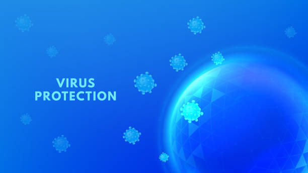 istock Virus protection. Glowing sphere shield against viral threats, floating virus icons around secure dome shield. Health safety or antivirus concept vector illustration 2179829088