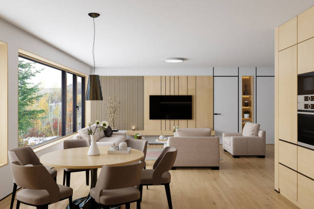 istock Modern Scandinavian Kitchen and Dining Area with White and Pine Wood Elements 2179829382