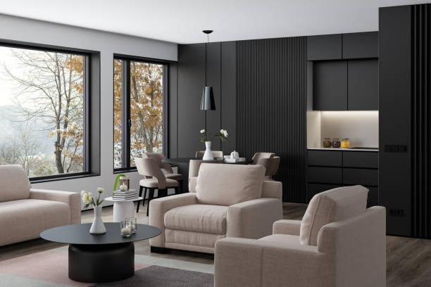 istock Modern Scandinavian Kitchen and Dining Area with Black and White Wood Elements. Country side. 2179830218